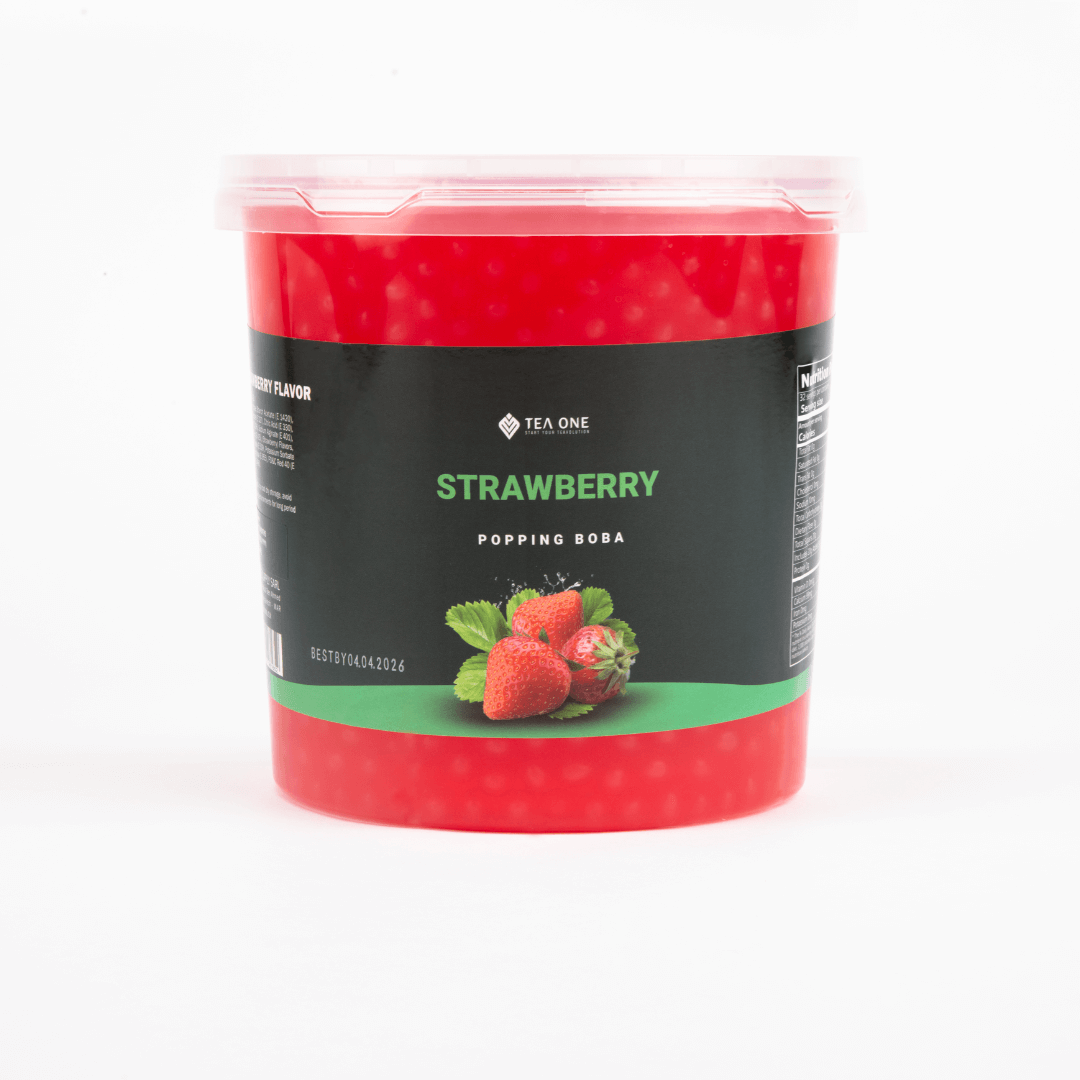 TEA ONE Strawberry Popping Boba wholesale bucket – 3.2 kg premium bubble-tea topping pearls for cafés, shops & beverage suppliers.