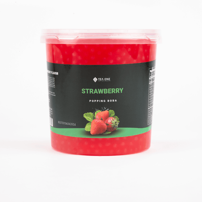 TEA ONE Strawberry Popping Boba wholesale bucket – 3.2 kg premium bubble-tea topping pearls for cafés, shops & beverage suppliers.