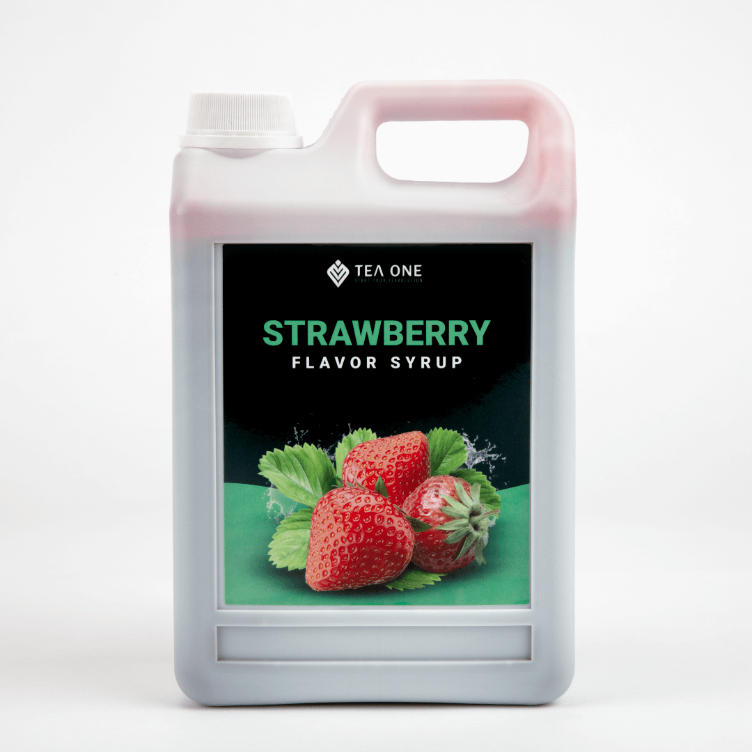 TEA ONE Strawberry Syrup 2.5 kg catering canister – bulk bubble-tea flavour concentrate for cafés, restaurants & beverage wholesalers.