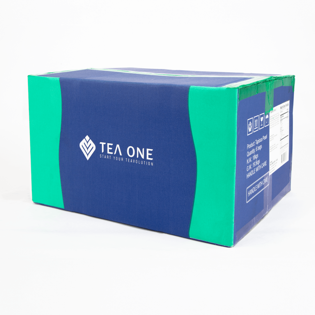 Carton with 6 × 3 kg bags of TEA ONE Tapioca Pearls – bulk chewy boba for beverage shops.